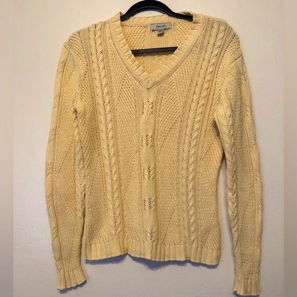 Faconnable Cream Chunky Cable Knit Soft Cotton Pullover V-Neck Preppy Sweater S - Picture 1 of 6